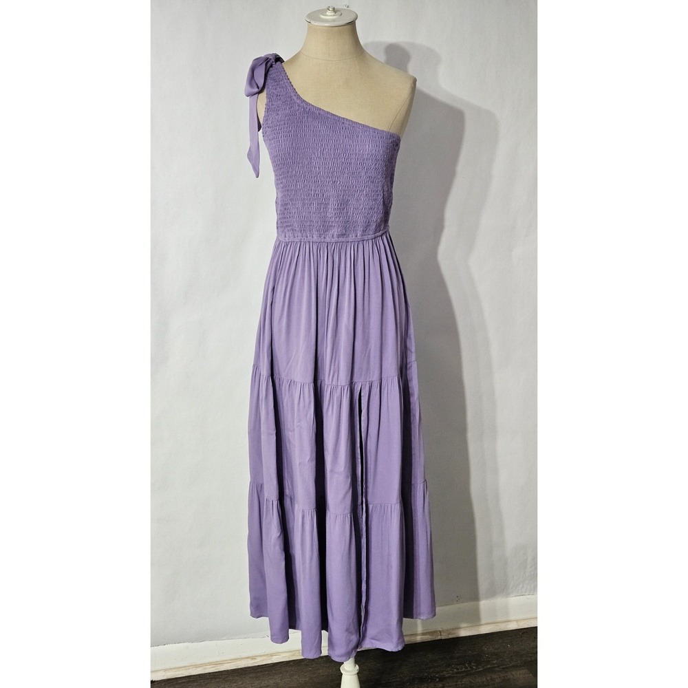 Merokeety Lilac One Shoulder Tie Knot Midi Dress Smocked Split Medium